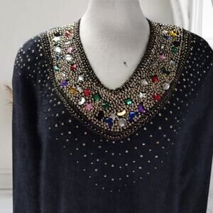 Vintage 90s Black Angora Mini Dress Beaded Neckline Party L Fuzzy Knit Glam